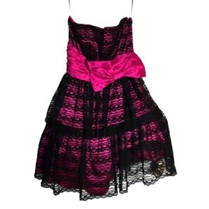 Vintage Betsey Johnson Evening Pink and Black Lace Strapless Dress Size 2 Y2K